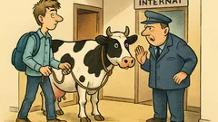 Vtip: Študent ťahá na internát kravu